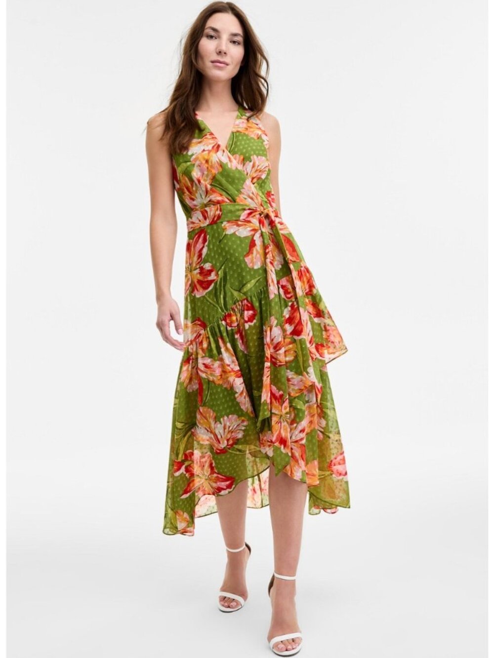 Anne Klein Womens Plus Size Leafy Green Floral Wrap Dress